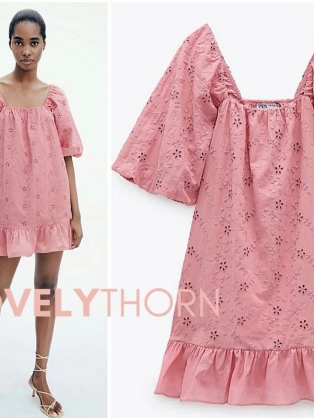 Zara Pink Eyelet Puff-Sleeve Babydoll Dress - Picture 4 of 7